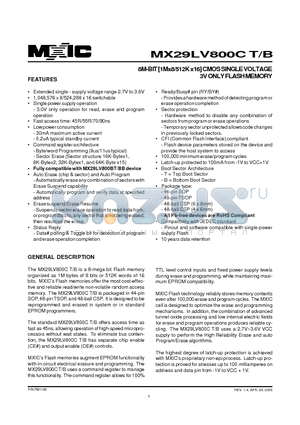 MX29LV800CBXBC-90 datasheet - 8M-BIT [1Mx8/512K x16] CMOS SINGLE VOLTAGE 3V ONLY FLASH MEMORY