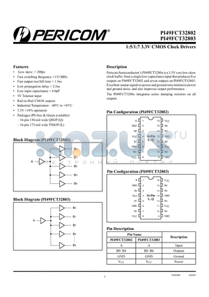 PI49FCT32803L datasheet - 1:5/1:7 3.3V CMOS Clock Drivers
