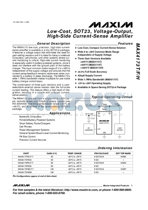MAX4173FEUT-T datasheet - Low-Cost, SOT23, Voltage-Output, High-Side Current-Sense Amplifier