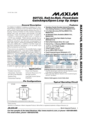 MAX4174 datasheet - SOT23, Rail-to-Rail, Fixed-Gain GainAmps/Open-Loop Op Amps