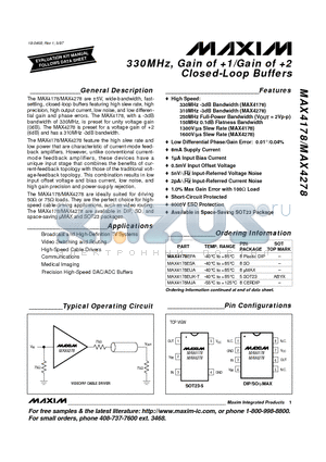 MAX4178 datasheet - 330MHz, Gain of 1/Gain of @ Closed-Loop Buffers