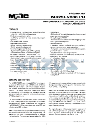 MX29LV800BTC-70R datasheet - 8M-BIT [1Mx8/512K x16] CMOS SINGLE VOLTAGE 3V ONLY FLASH MEMORY