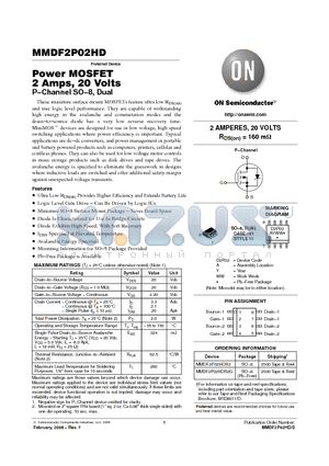 MMDF2P02HD datasheet - Power MOSFET 2 Amps, 20 Volts P−Channel SO−8, Dual