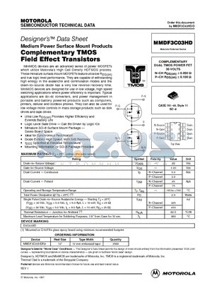 MMDF3C03HD datasheet - COMPLEMENTARY DUAL TMOS POWER FET 30 VOLTS