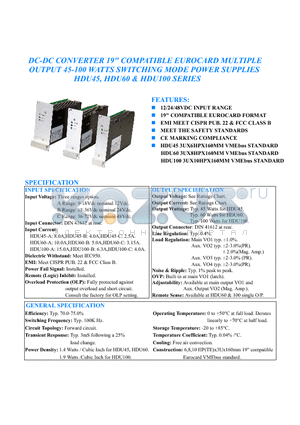 HDU45-C-24 datasheet - DC-DC CONVERTER 19 COMPATIBLE EUROCARD MULTIPLEV OUTPUT 45-100 WATTS SWITCHING MODE POWER SUPPLIES HDU45, HDU60 AND HDU100 SERIES