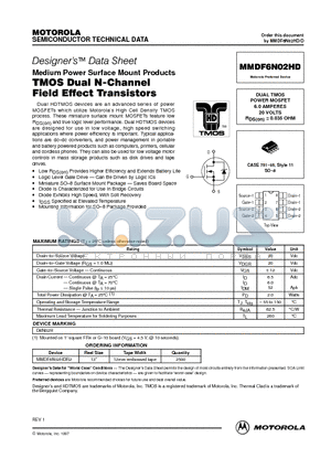 MMDF6N02HD datasheet - DUAL TMOS POWER MOSFET 6.0 AMPERES 20 VOLTS