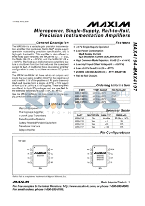 MAX4194 datasheet - Micropower, Single-Supply, Rail-to-Rail, Precision Instrumentation Amplifiers