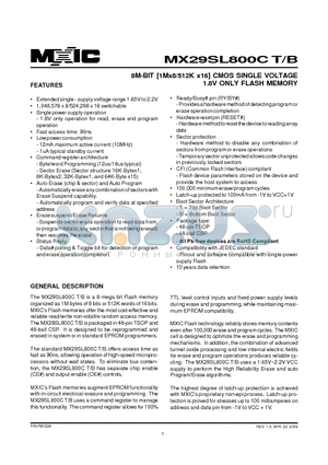 MX29SL800CBTC-90G datasheet - 8M-BIT [1Mx8/512K x16] CMOS SINGLE VOLTAGE 1.8V ONLY FLASH MEMORY