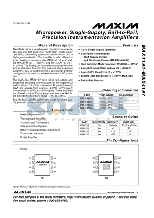 MAX4197ESA datasheet - Micropower, Single-Supply, Rail-to-Rail, Precision Instrumentation Amplifiers