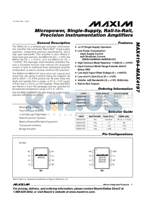 MAX4196 datasheet - Micropower, Single-Supply, Rail-to-Rail, Precision Instrumentation Amplifiers