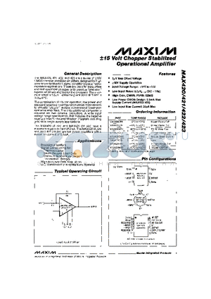 MAX420-MAX423 datasheet - a15 Volt Chopper Stabilized Operational Amplifier