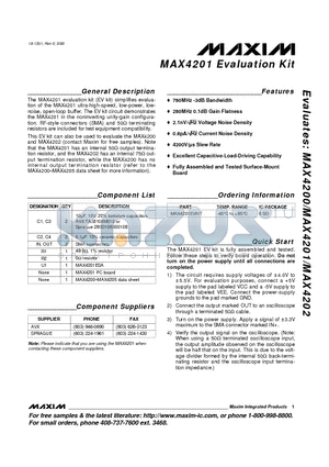 MAX4201EVKIT datasheet - 780MHz -3dB Bandwidth, 280MHz 0.1dB Gain Flatness, Excellent Capacitive-Load-Driving Capability