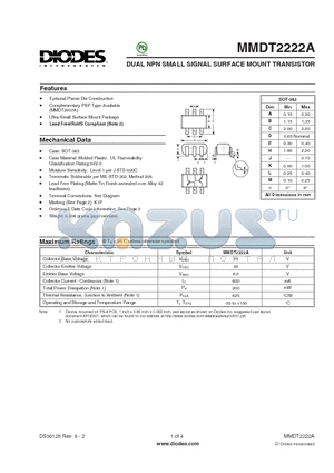 MMDT2222A datasheet - DUAL NPN SMALL SIGNAL SURFACE MOUNT TRANSISTOR