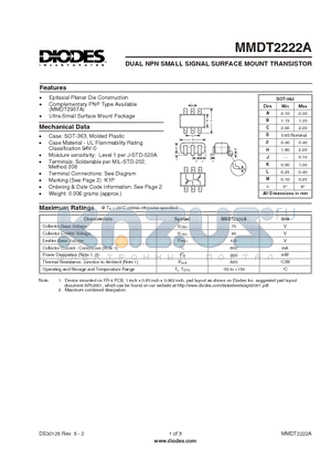 MMDT2222A datasheet - DUAL NPN SMALL SIGNAL SURFACE MOUNT TRANSISTOR