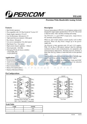 PI5A101W datasheet - Precision Wide-Bandwidth Analog Switch
