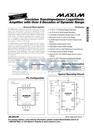 MAX4206 datasheet - Precision Transimpedance Logarithmic Amplifier with Over 5 Decades of Dynamic Range