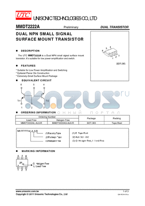 MMDT2222AL-AL6-R datasheet - DUAL NPN SMALL SIGNAL SURFACE MOUNT TRANSISTOR