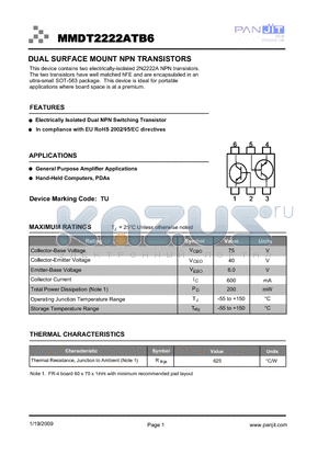 MMDT2222ATB6T/R13 datasheet - DUAL SURFACE MOUNT NPN TRANSISTORS