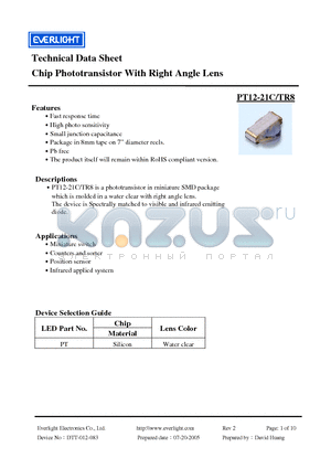 PT12-21C-TR8 datasheet - Chip Phototransistor With Right Angle Lens
