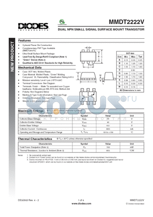 MMDT2222V_1 datasheet - DUAL NPN SMALL SIGNAL SURFACE MOUNT TRANSISTOR