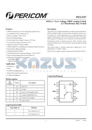 PI5A3157 datasheet - SOTINYTM Low Voltage SPDT Analog Switch 2:1 Mux/Demux Bus Switch