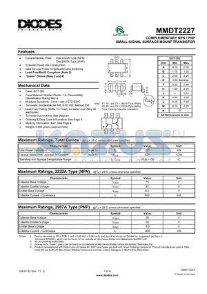 MMDT2227 datasheet - COMPLEMENTARY NPN / PNP SMALL SIGNAL SURFACE MOUNT TRANSISTOR