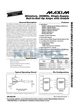MAX4213ESA datasheet - Miniature, 300MHz, Single-Supply, Rail-to-Rail Op Amps with Enable