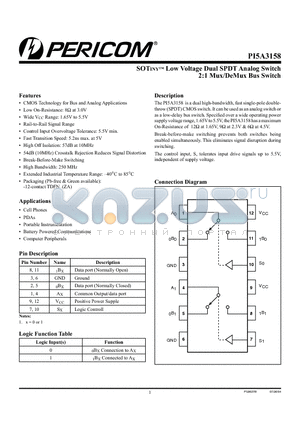 PI5A3158 datasheet - SOTINYTM Low Voltage Dual SPDT Analog Switch 2:1 Mux/DeMux Bus Switch