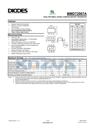 MMDT2907A-7-F datasheet - DUAL PNP SMALL SIGNAL SURFACE MOUNT TRANSISTOR