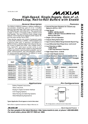 MAX4215ESA datasheet - High-Speed, Single-Supply, Gain of @, Closed-Loop, Rail-to-Rail Buffers with Enable