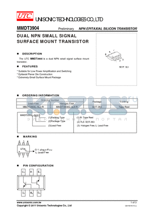 MMDT3904 datasheet - DUAL NPN SMALL SIGNAL SURFACE MOUNT TRANSISTOR