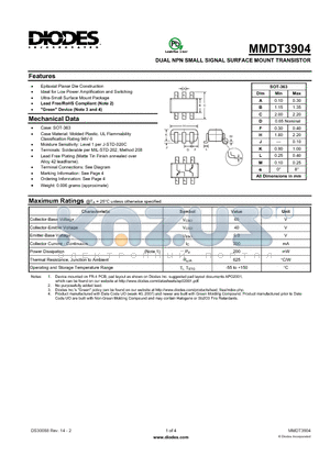 MMDT3904-7-F datasheet - DUAL NPN SMALL SIGNAL SURFACE MOUNT TRANSISTOR