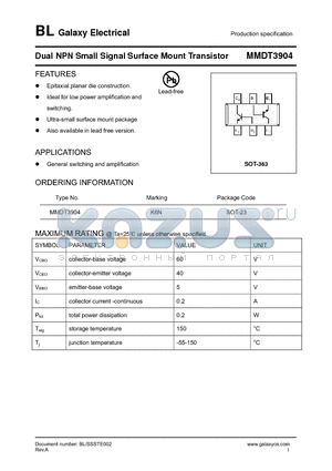 MMDT3904 datasheet - Dual NPN Small Signal Surface Mount Transistor