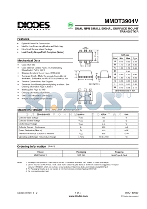 MMDT3904V datasheet - DUAL NPN SMALL SIGNAL SURFACE MOUNT TRANSISTOR