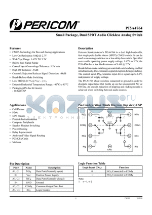 PI5A4764GAE datasheet - Smal Package, Dual SPDT Audio Clickless Analog Switch