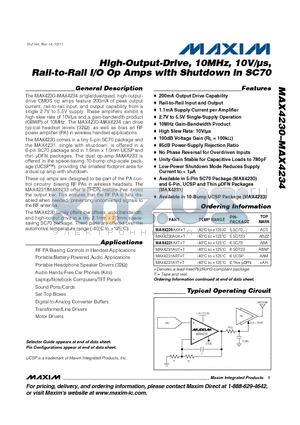 MAX4230 datasheet - High-Output-Drive, 10MHz, 10V/us, Rail-to-Rail I/O Op Amps with Shutdown in SC70