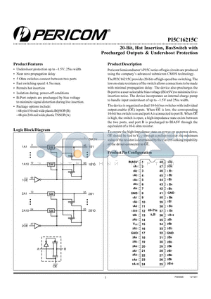 PI5C16215C datasheet - 20-Bit,Hot Insertion,BusSwitch with Precharged Outputs & Undershoot Protection