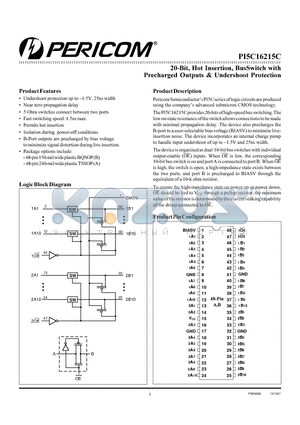 PI5C16215CA datasheet - 20-Bit,Hot Insertion,BusSwitch with Precharged Outputs & Undershoot Protection