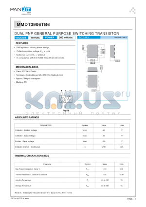 MMDT3906TB6 datasheet - DUAL PNP GENERAL PURPOSE SWITCHING TRANSISTOR