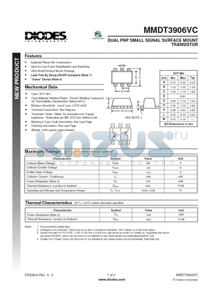 MMDT3906VC datasheet - DUAL PNP SMALL SIGNAL SURFACE MOUNT TRANSISTOR