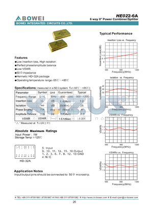 HE022-6A datasheet - 6 way 0 power Combiner/Splitter