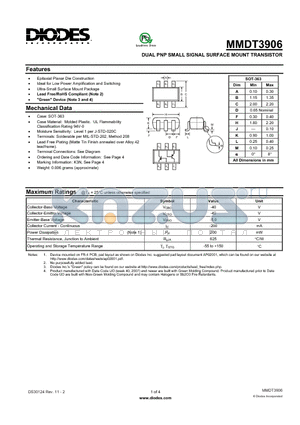 MMDT3906_2 datasheet - DUAL PNP SMALL SIGNAL SURFACE MOUNT TRANSISTOR