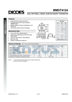 MMDT4124 datasheet - DUAL NPN SMALL SIGNAL SURFACE MOUNT TRANSISTOR