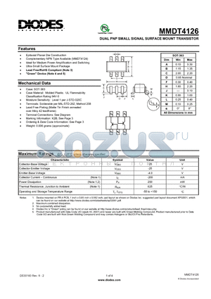 MMDT4126 datasheet - DUAL PNP SMALL SIGNAL SURFACE MOUNT TRANSISTOR