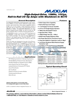 MAX4234 datasheet - High-Output-Drive, 10MHz, 10V/Us, Rail-to-Rail I/O Op Amps with Shutdown in SC70