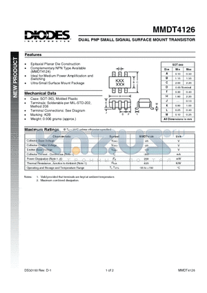 MMDT4126 datasheet - DUAL PNP SMALL SIGNAL SURFACE MOUNT TRANSISTOR