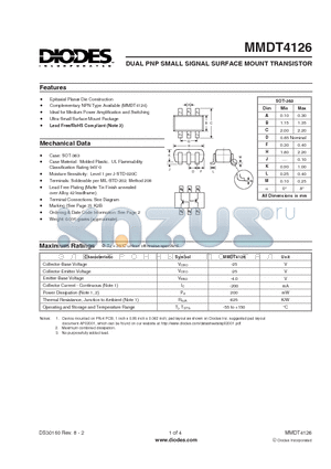 MMDT4126 datasheet - DUAL PNP SMALL SIGNAL SURFACE MOUNT TRANSISTOR