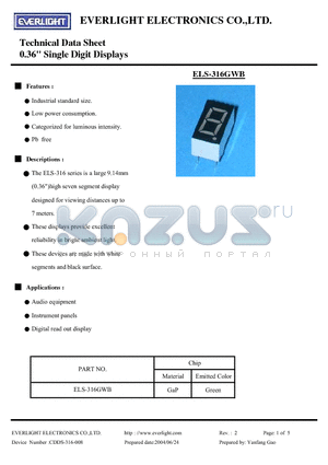 ELS-316GWB datasheet - Technical Data Sheet 0.36 Single Data Displays