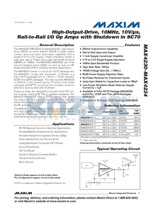 MAX4234AUD datasheet - High-Output-Drive, 10MHz, 10V/ls, Rail-to-Rail I/O Op Amps with Shutdown in SC70