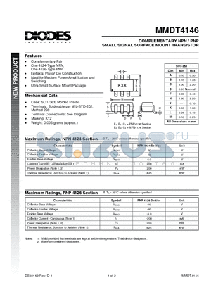 MMDT4146 datasheet - COMPLEMENTARY NPN/PNP SMALL SIGNAL SURFACE MOUNT TRANSISTOR